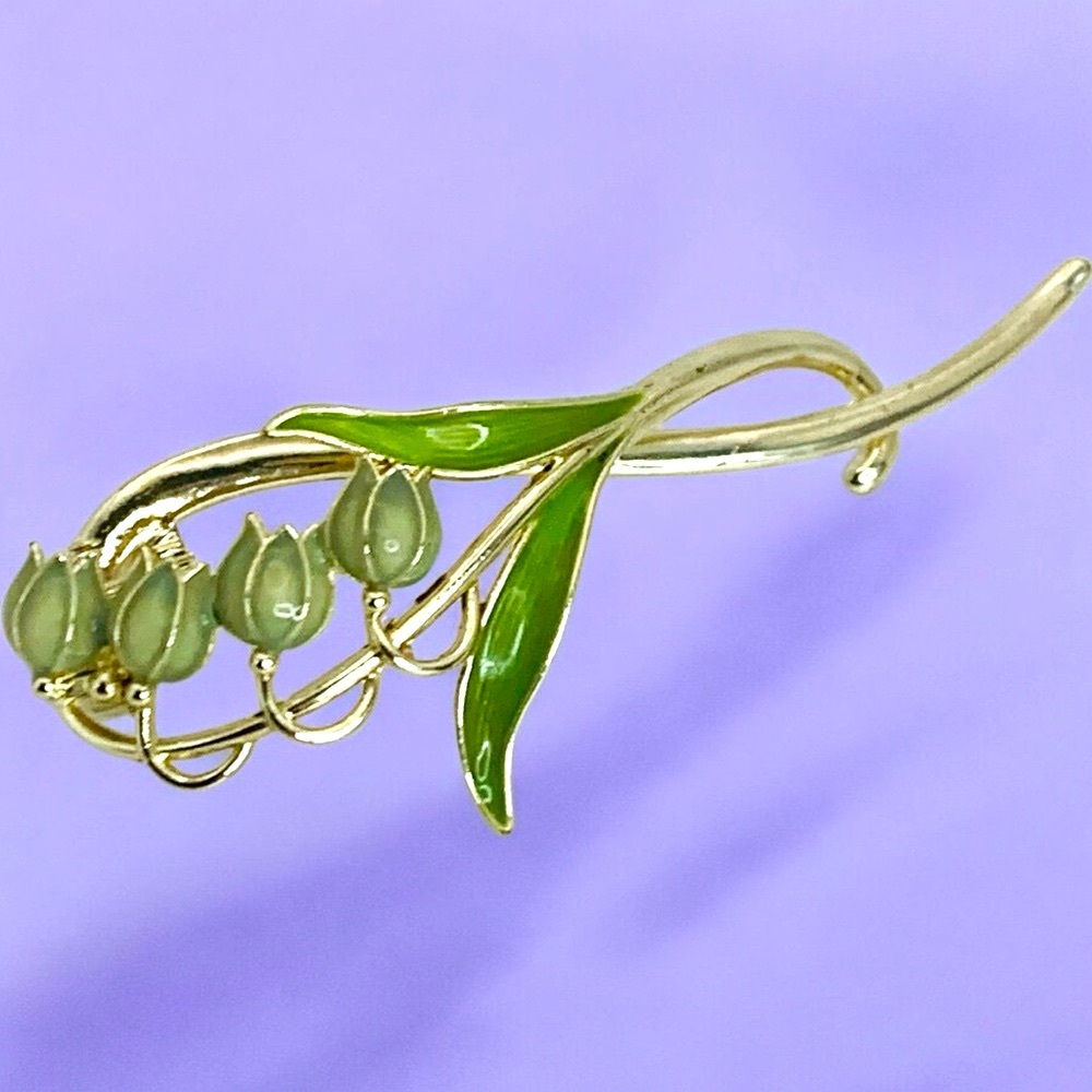 Lily of the Valley Green Enamel & Gold Plated Hair Clasp - Picture 4 of 6